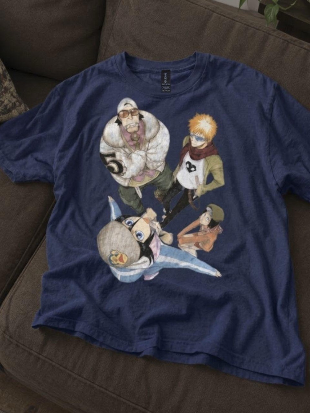 Gildan Navy Blue Graphic Anime Tee with Colorful Character Print